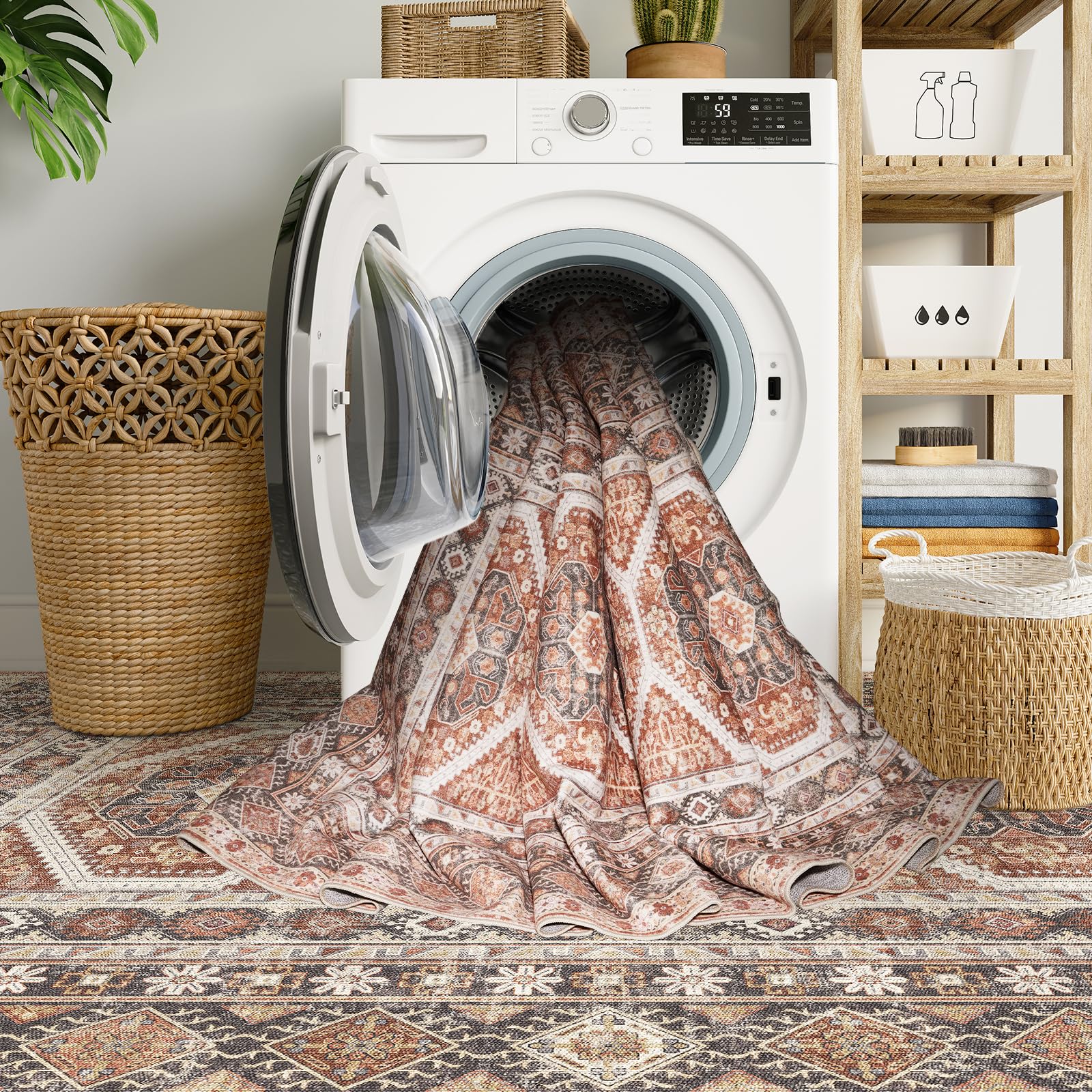 Ksrau brick oriental runner shown in living room and bedroom setups
