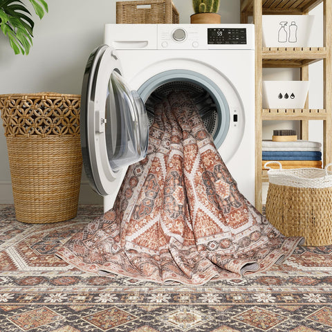 Ksrau brick oriental runner shown in living room and bedroom setups