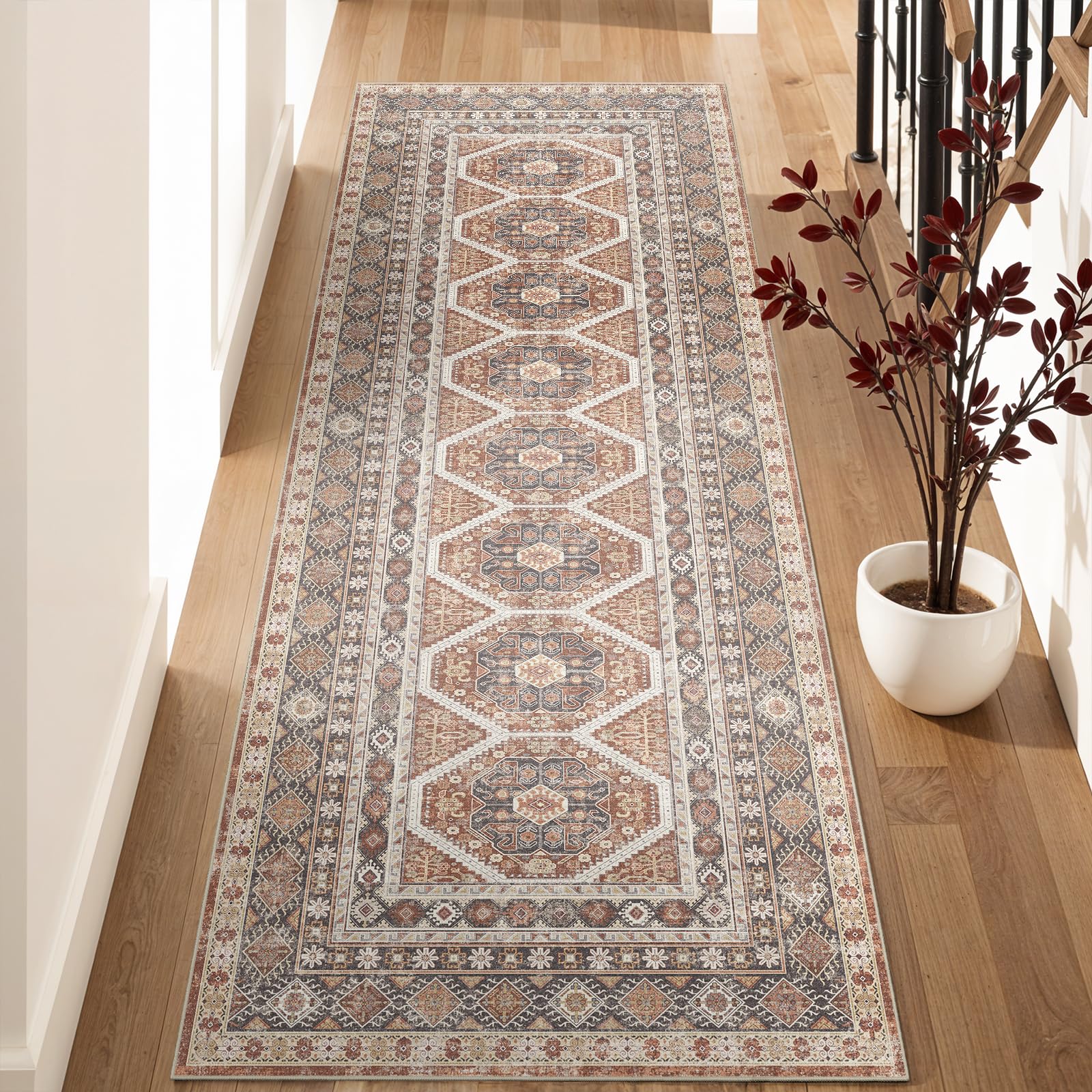 Washable hallway runner by Ksrau in brick color for busy homes
