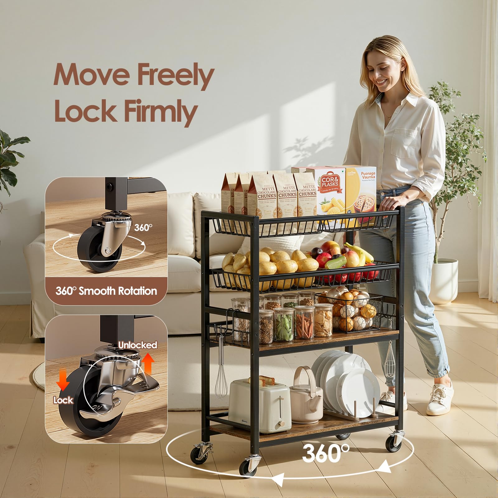 Kssiaz four-tier trolley shelves for snacks, canned goods, and beverages.