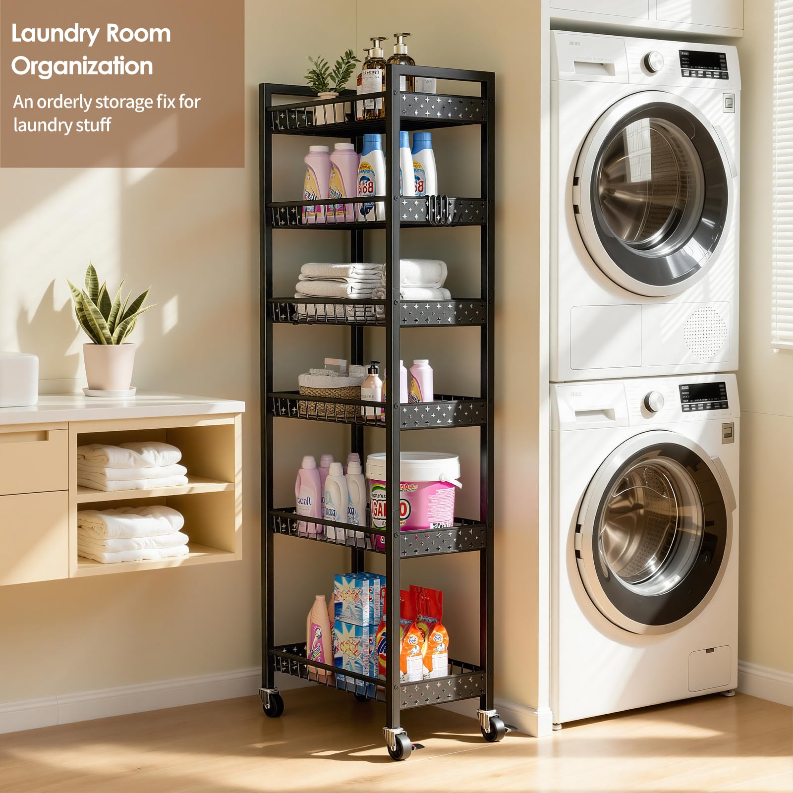 Kssiaz cart in laundry area for detergents and cloths organization