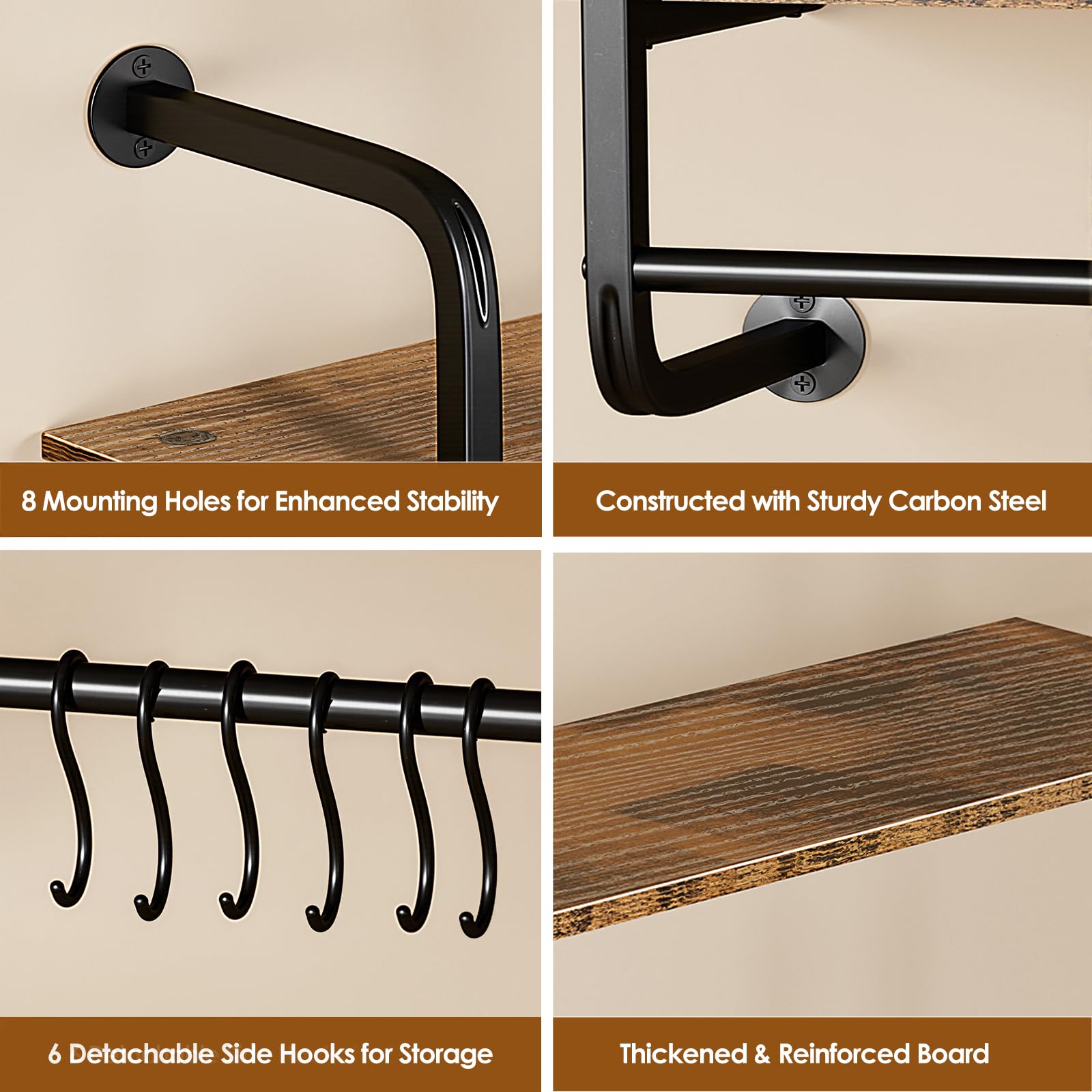 Kssiaz bathroom wall shelf with towel bar and hooks.