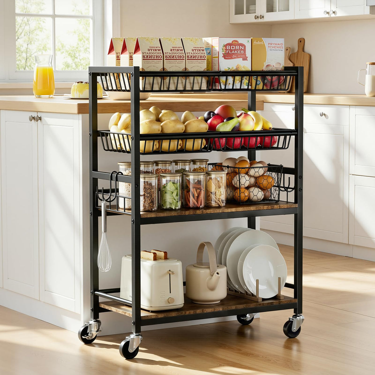 Kssiaz 4-tier fruit and vegetable cart keeps produce organized and accessible.