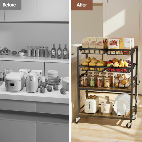 Kssiaz rolling kitchen cart with baskets enhances pantry organization and mobility.