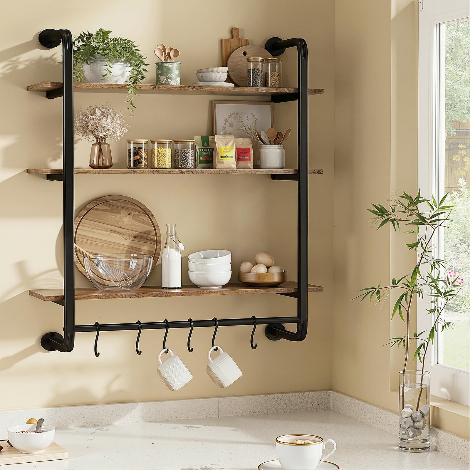 Kssiaz rustic brown finish pipe shelf adds vintage charm.