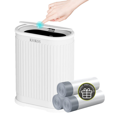 KSSKSS 1.8 gallon slim white trash can with lid in a bathroom setting for compact spaces
