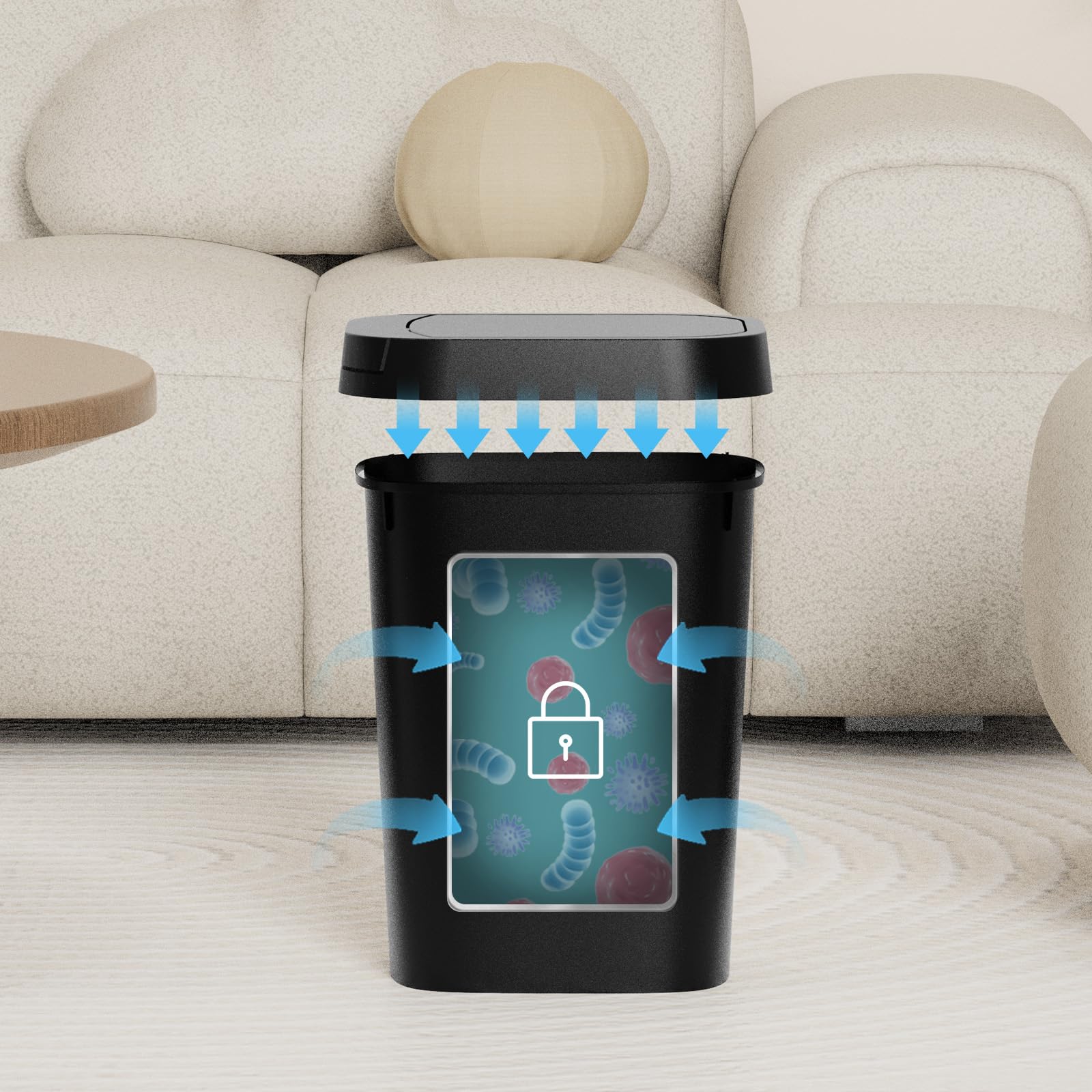 KSSKSS matte finish ABS trash bin blends with décor and cleans easily.