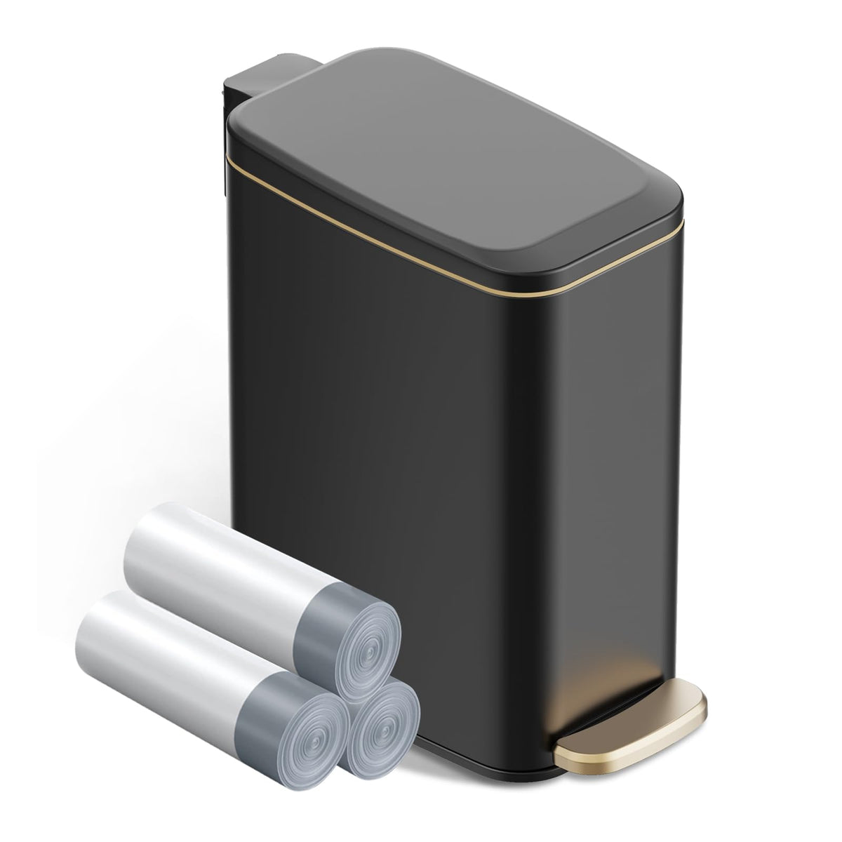 KSSKSS small bathroom trash can with lid soft close in black, ideal for tight spaces.