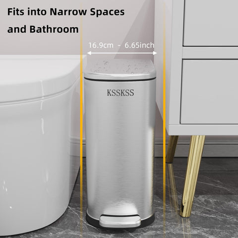 KSSKSS trash can shows soft close lid for quiet operation in bathroom or bedroom