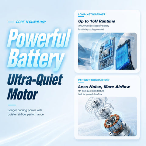 Kudar neck fan three-speed controls to tailor airflow for indoor or outdoor use.