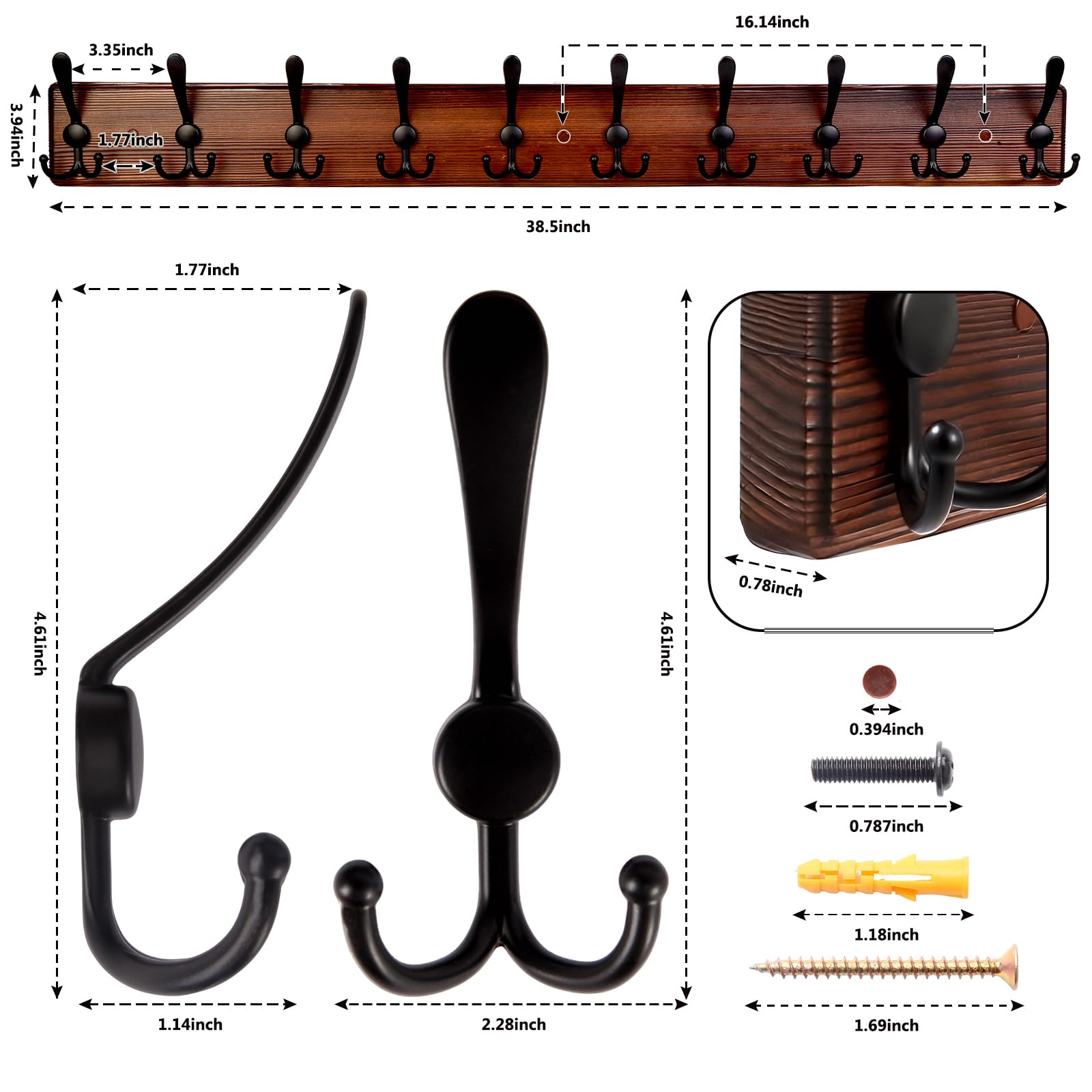 Kuhome 10 triple hooks in black metal organize coats and bags.