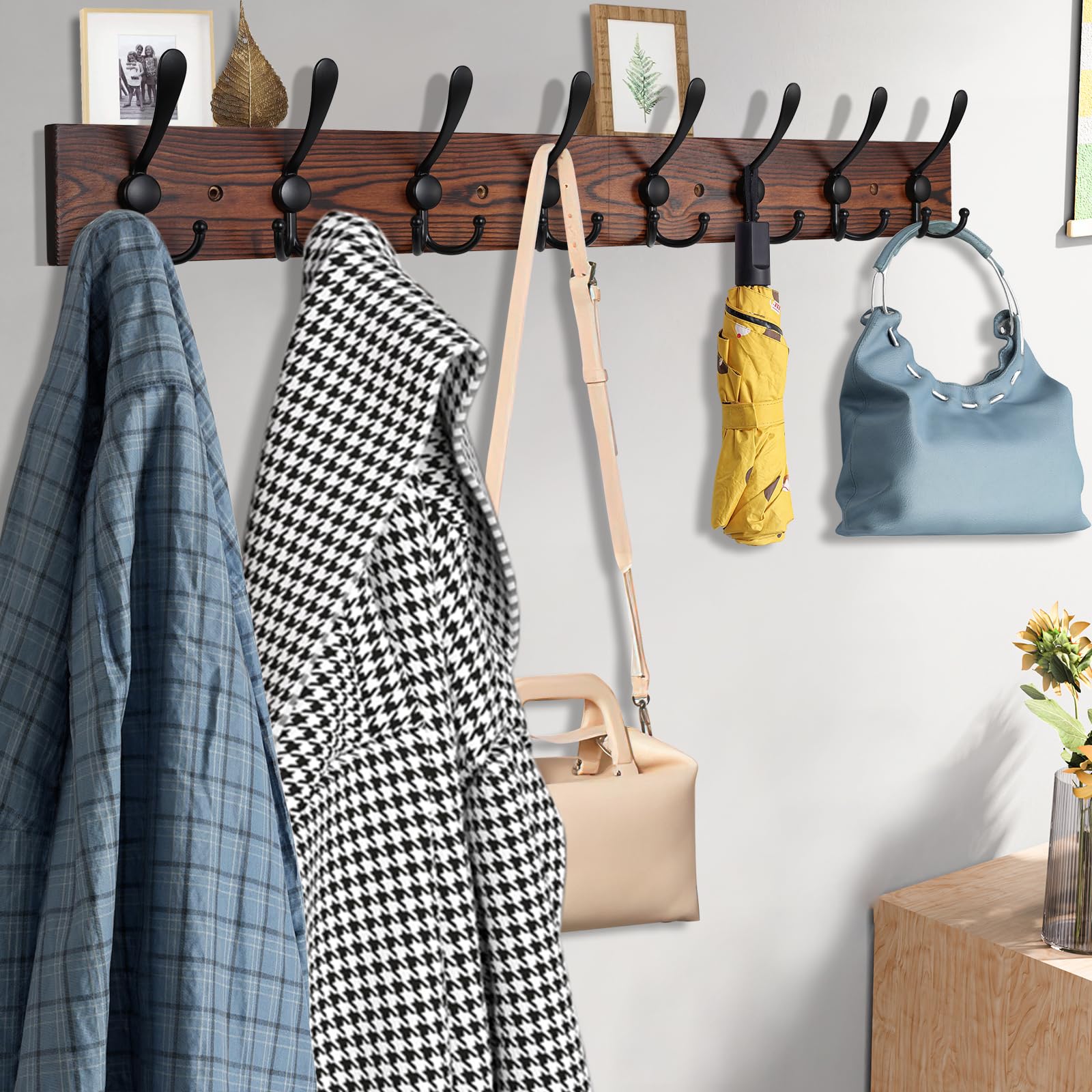 Kuhome black metal triple hooks provide sturdy hanging space