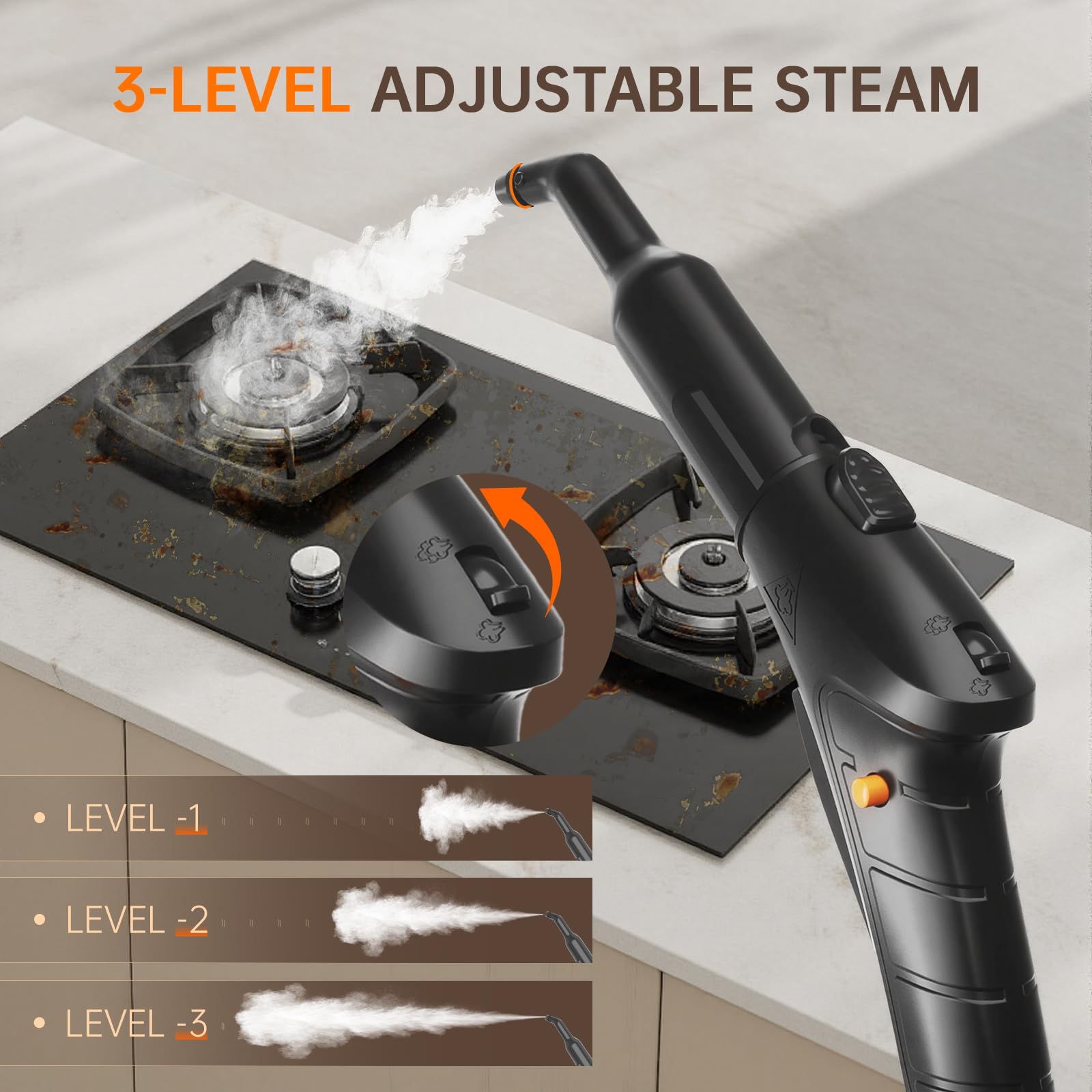 KUIKIBO three steam volumes controls for delicate to tough grime tasks