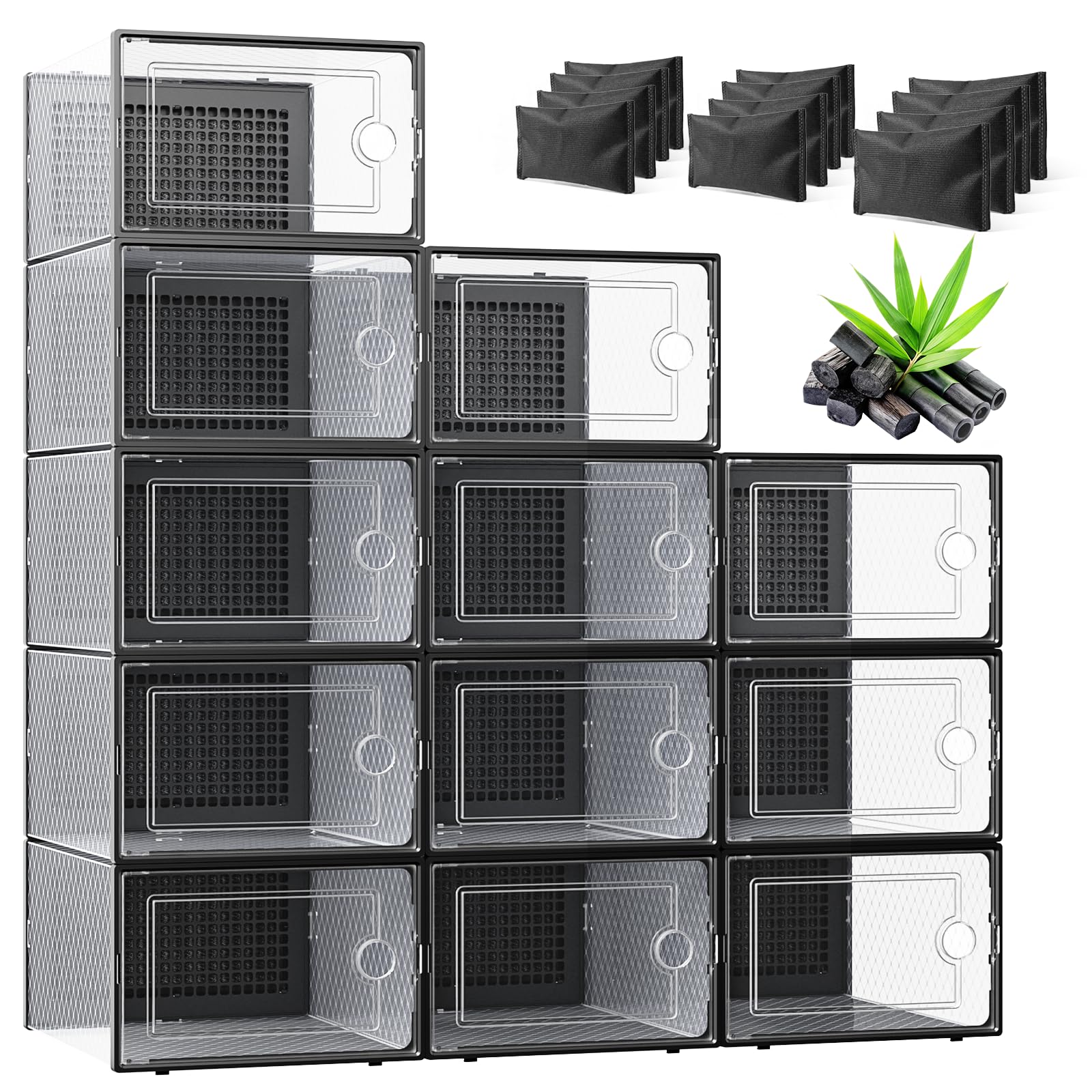 Kuject activated charcoal shoe organizer front view with clear boxes for easy sneaker access.