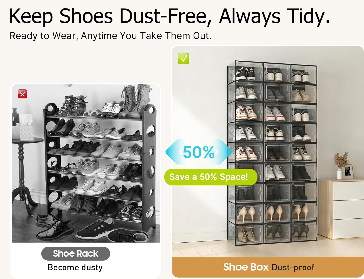 Kuject closet storage solution keeps footwear neatly organized and dust-free.