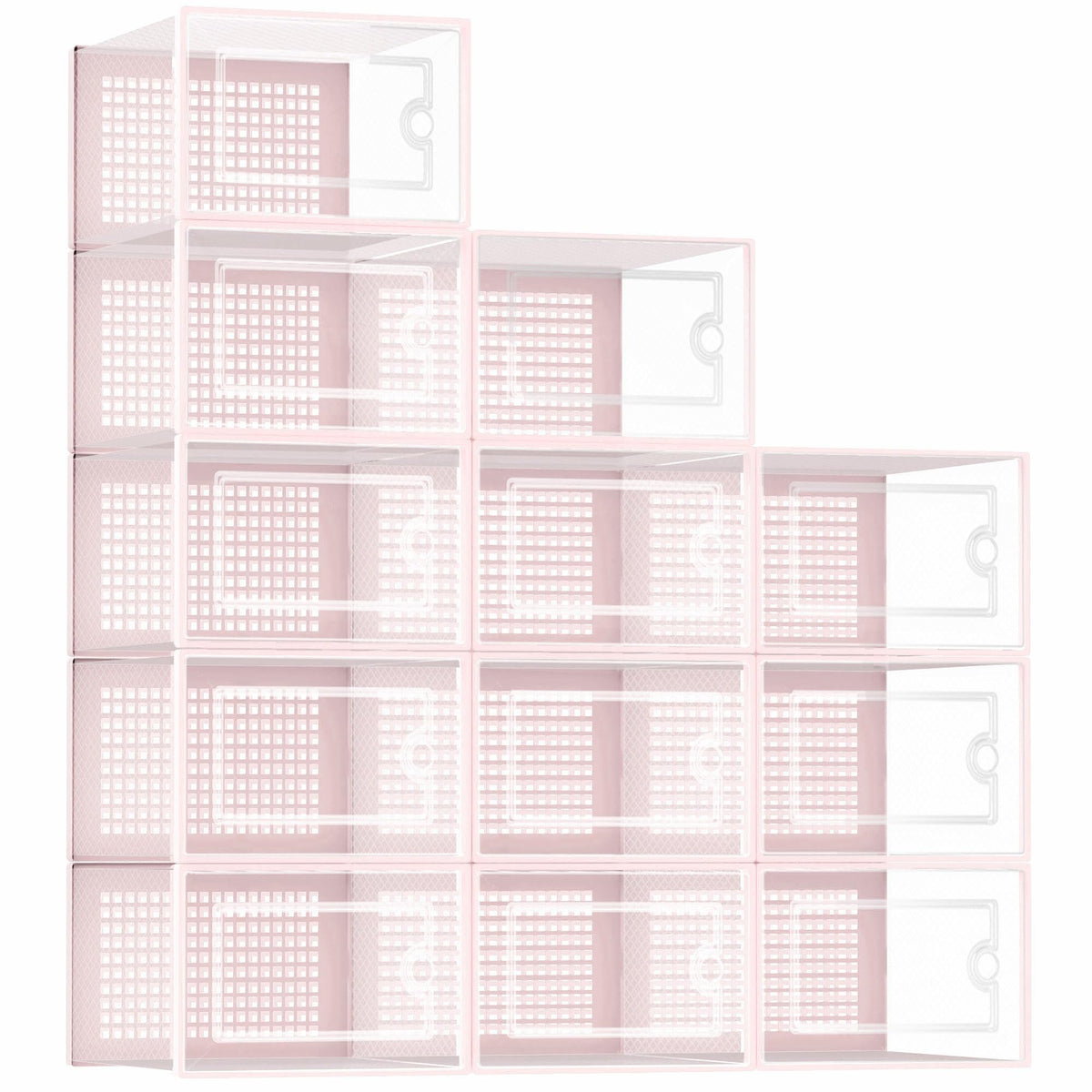 Kuject 12-pack pink drop-front shoe organizers for easy access.