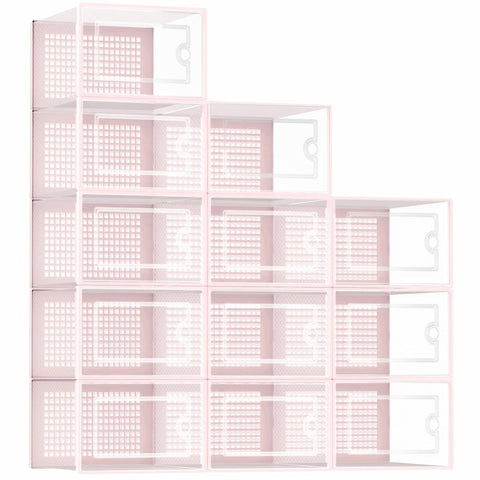 Kuject 12-pack pink drop-front shoe organizers for easy access.