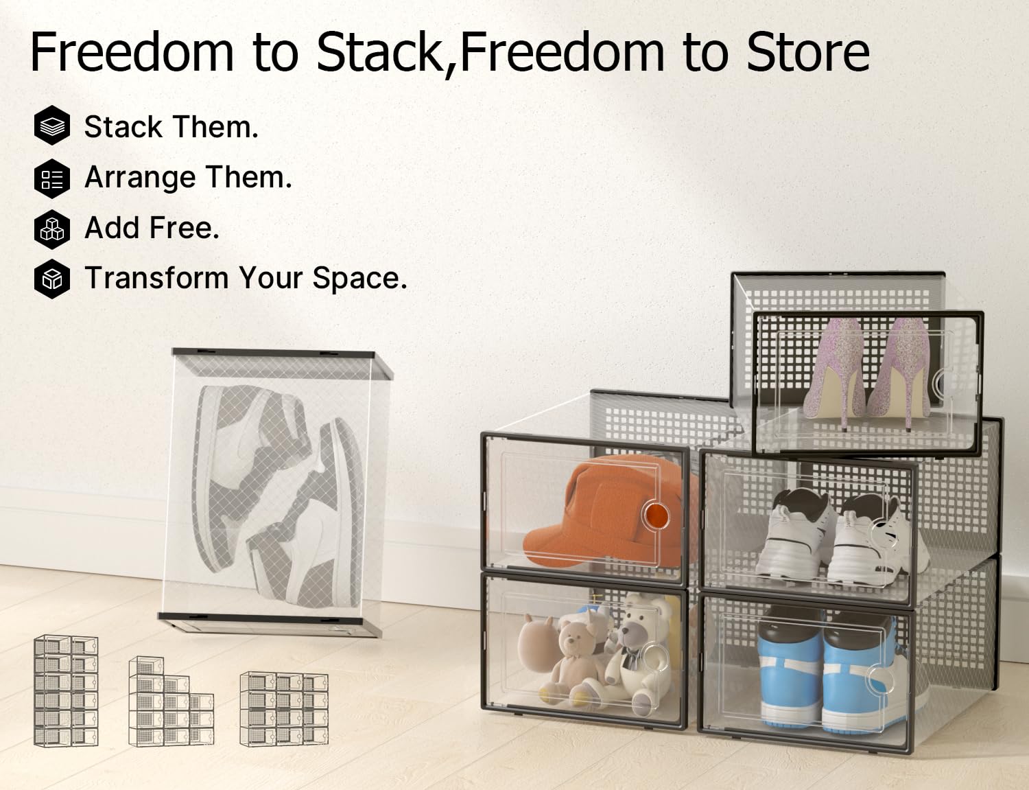 Kuject storage boxes for shoes, clothes, and toys to keep spaces neat.