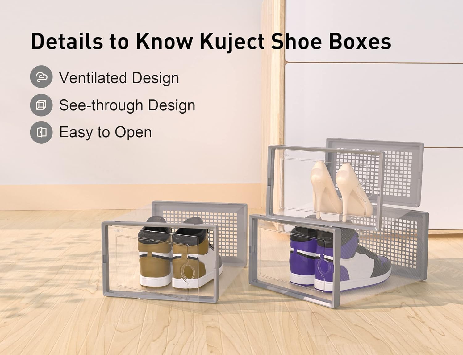 Kuject X-Large shoe storage box with dustproof and ventilated design protecting contents.