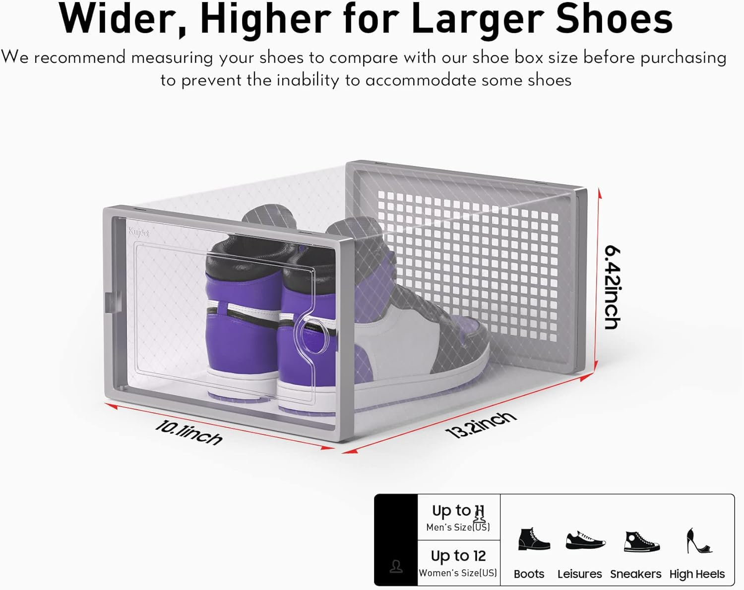Kuject X-Large shoe storage box side view with clear panels for quick access.