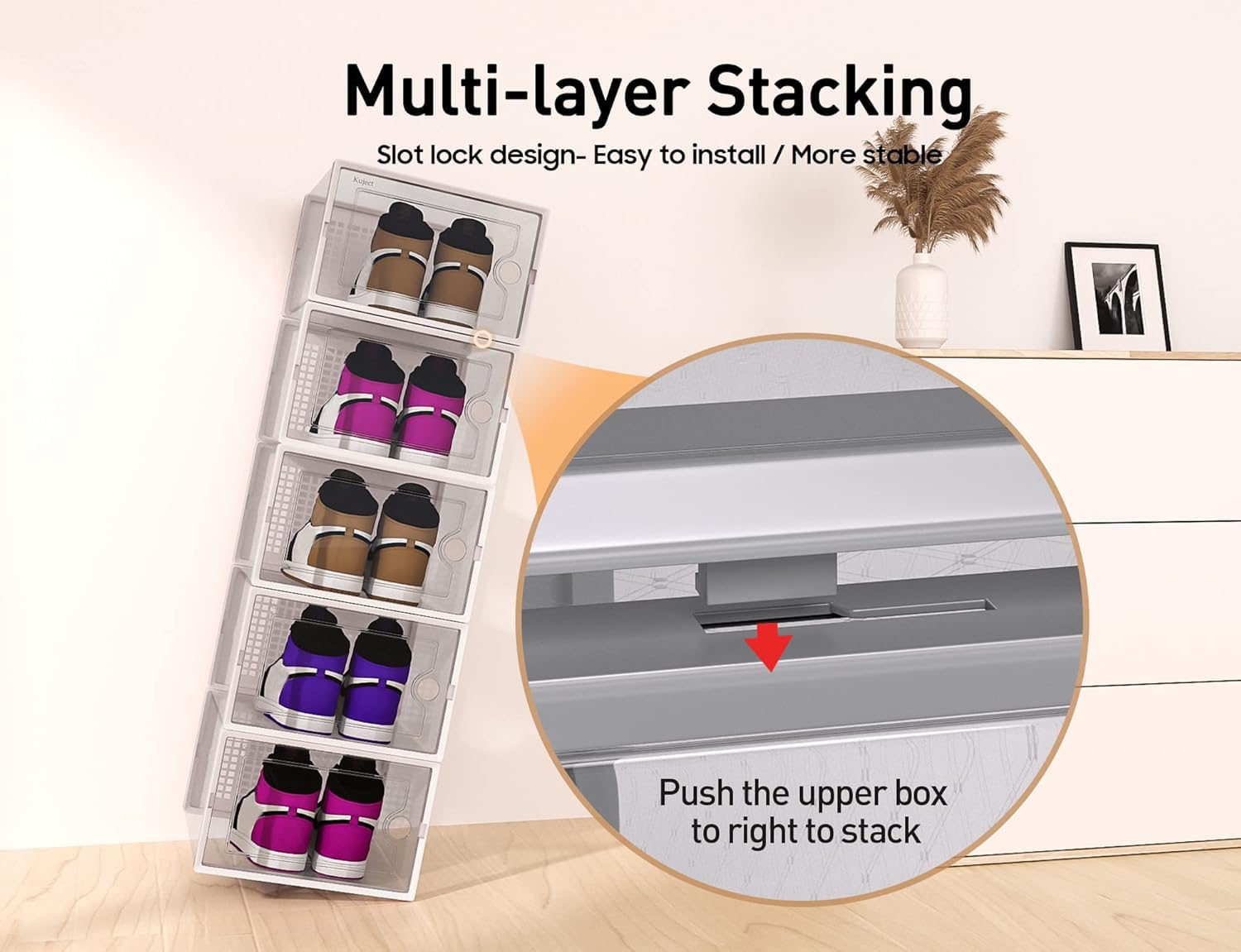 Kuject X-Large shoe storage box stackable design shows easy assembly and space saving.