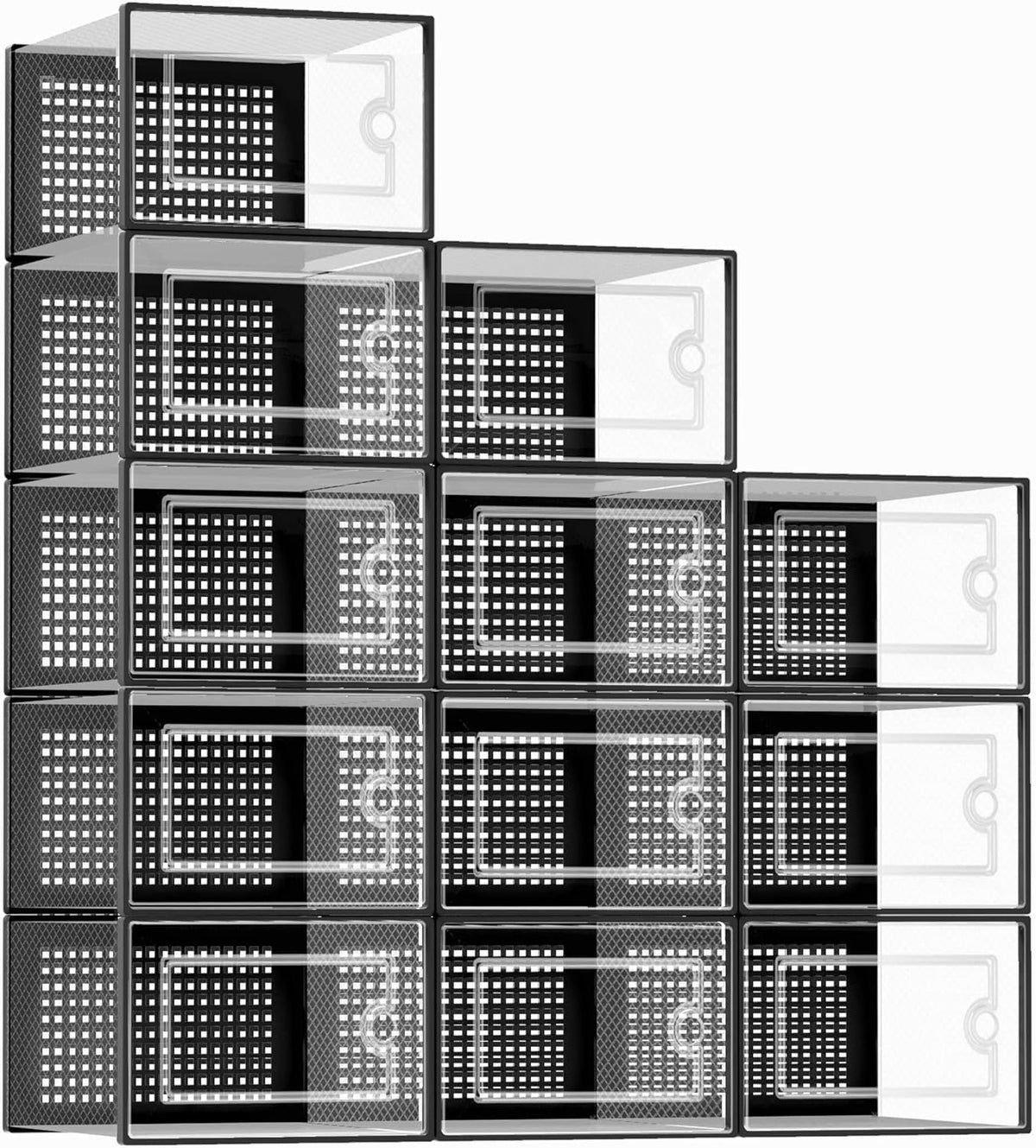 Kuject X-Large clear stackable shoe boxes kept neatly organized with visible contents