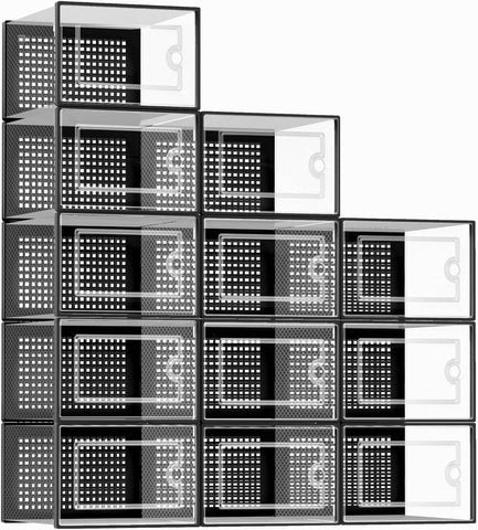 Kuject X-Large clear stackable shoe boxes kept neatly organized with visible contents