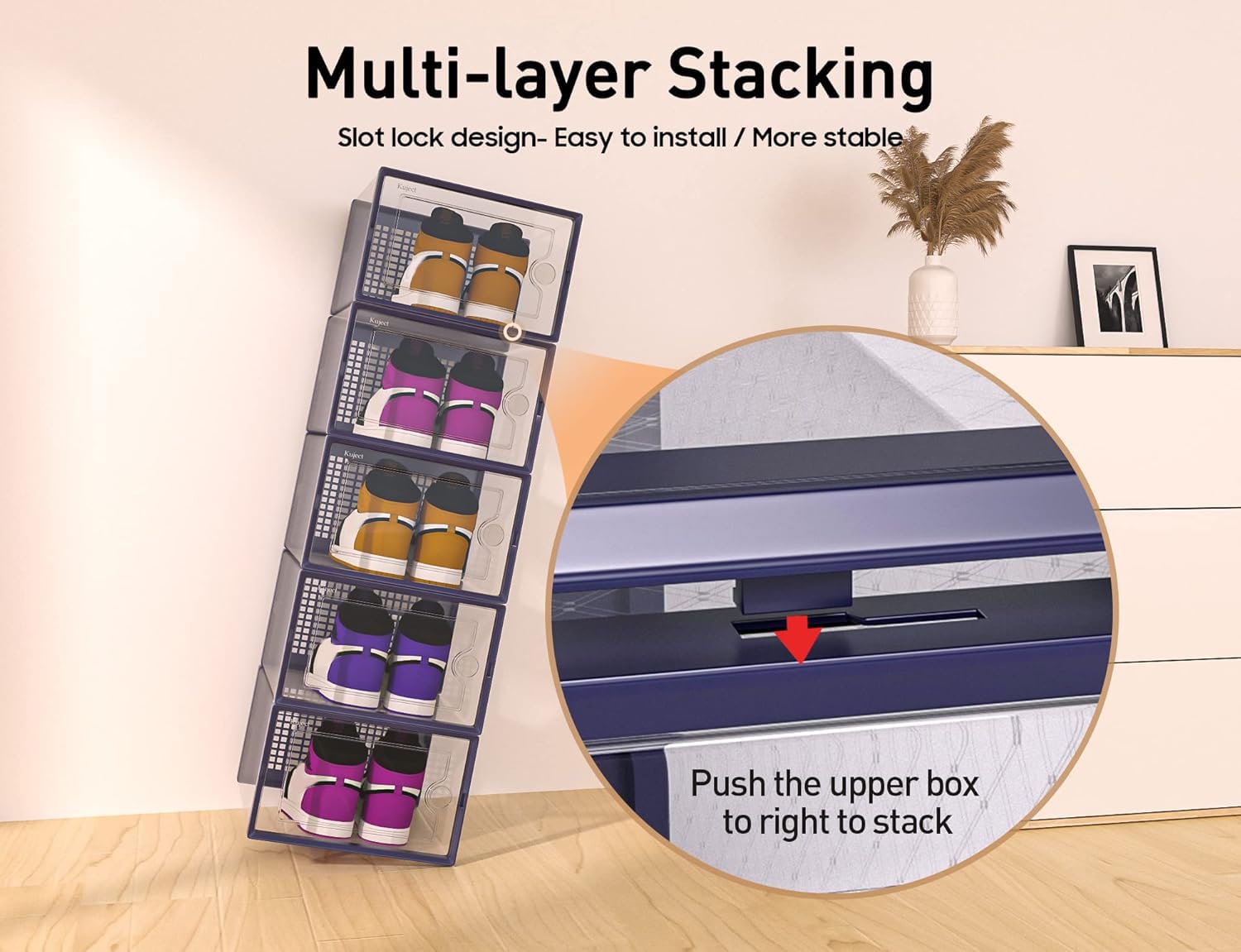 Kuject stacked multi-layer box saves space and organizes footwear efficiently.