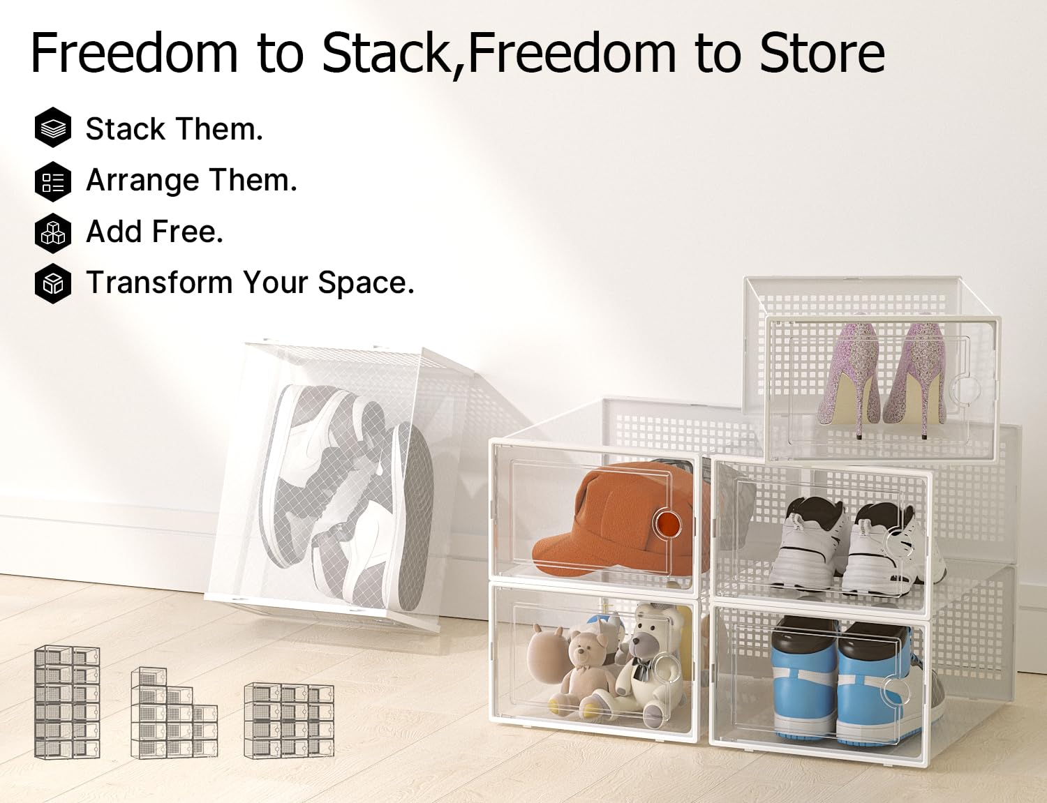 Under-bed storage use stays neatly stacked and accessible