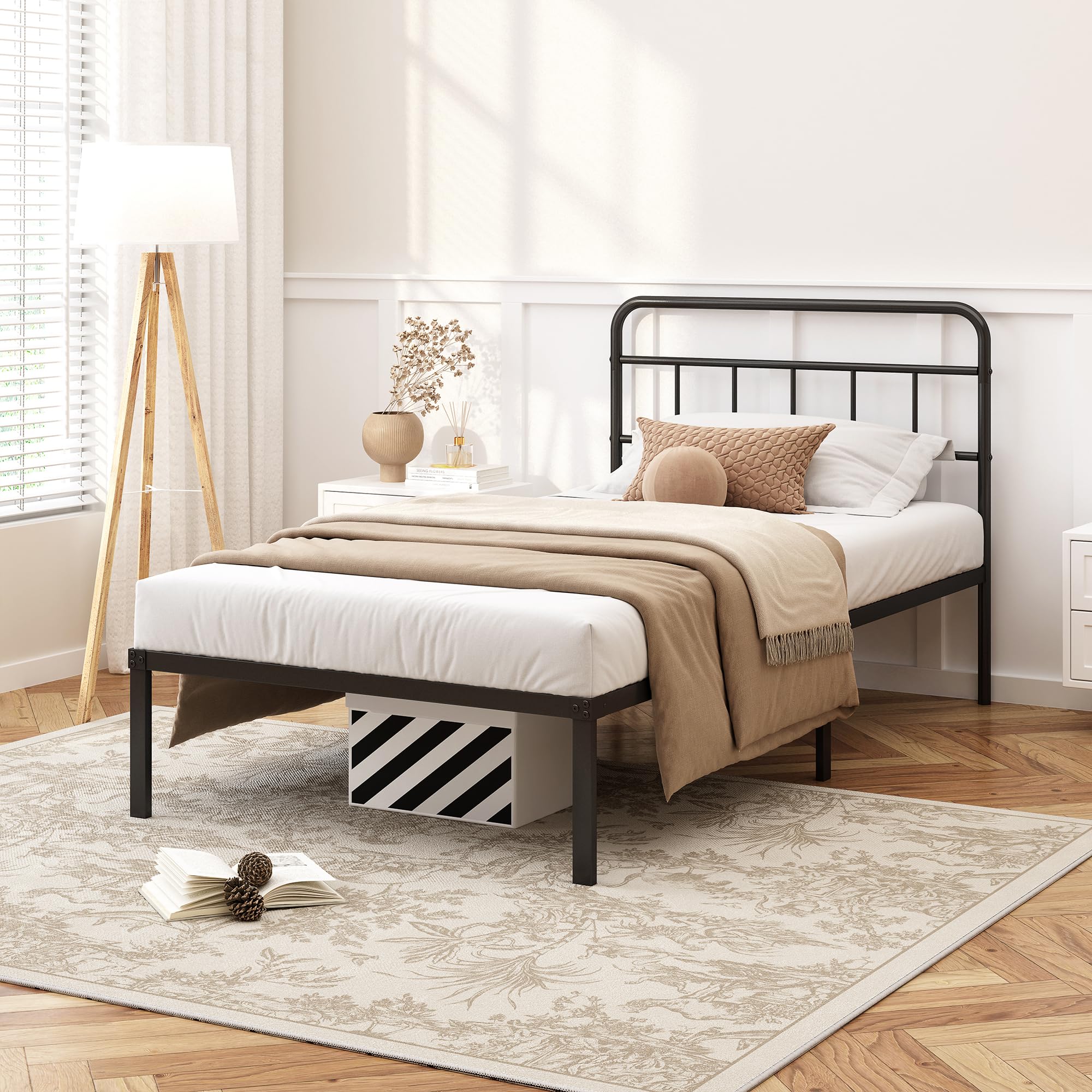 Kujielan 12-inch twin bed frame with minimalist headboard provides clean support for modern bedrooms.