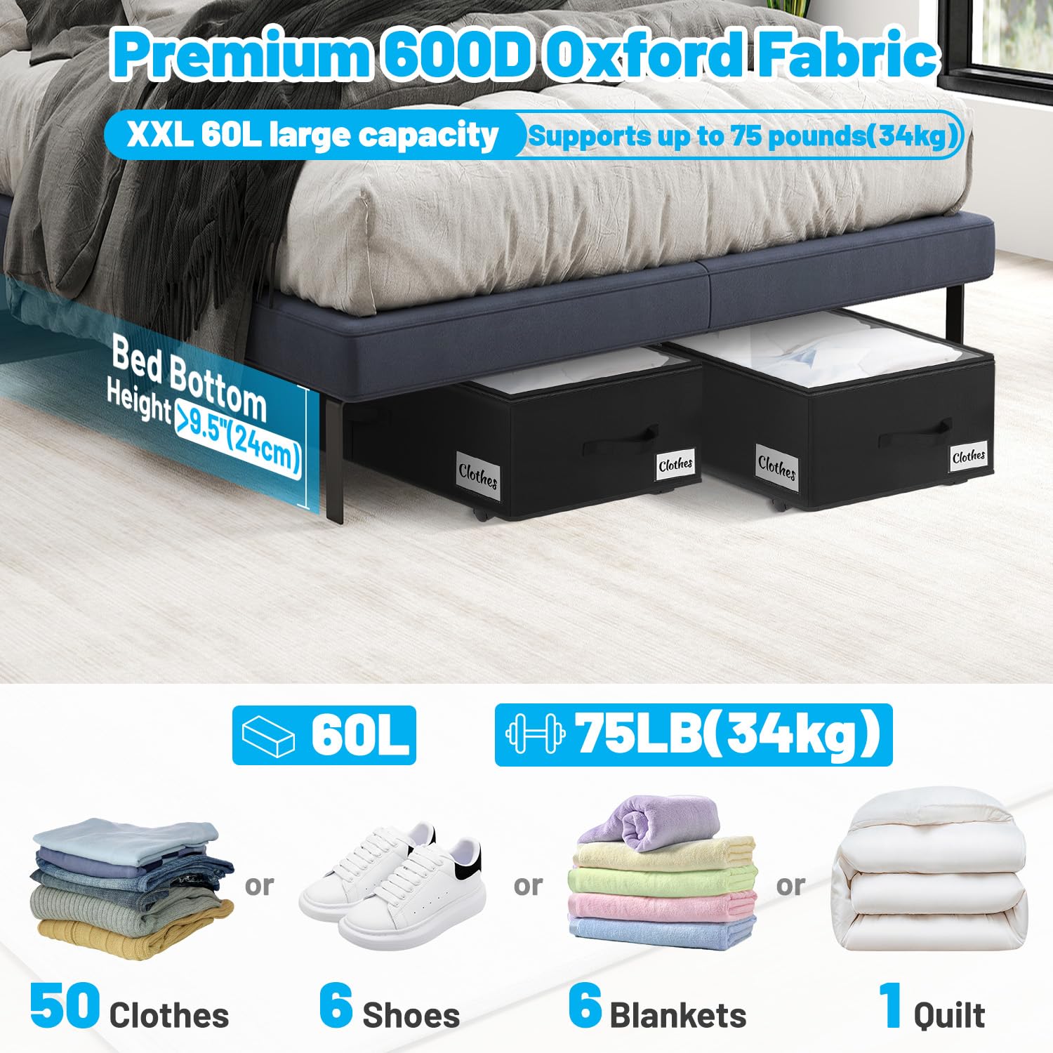 Kukikan 60L XXL under-bed bin with clear lid for quick ID.