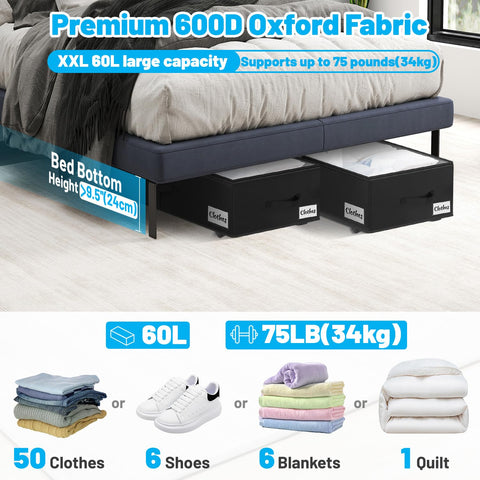 Kukikan 60L XXL under-bed bin with clear lid for quick ID.
