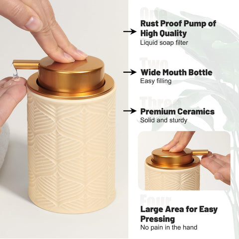 Kukikan beige ceramic soap dispenser highlights rust-proof pump and classic design.