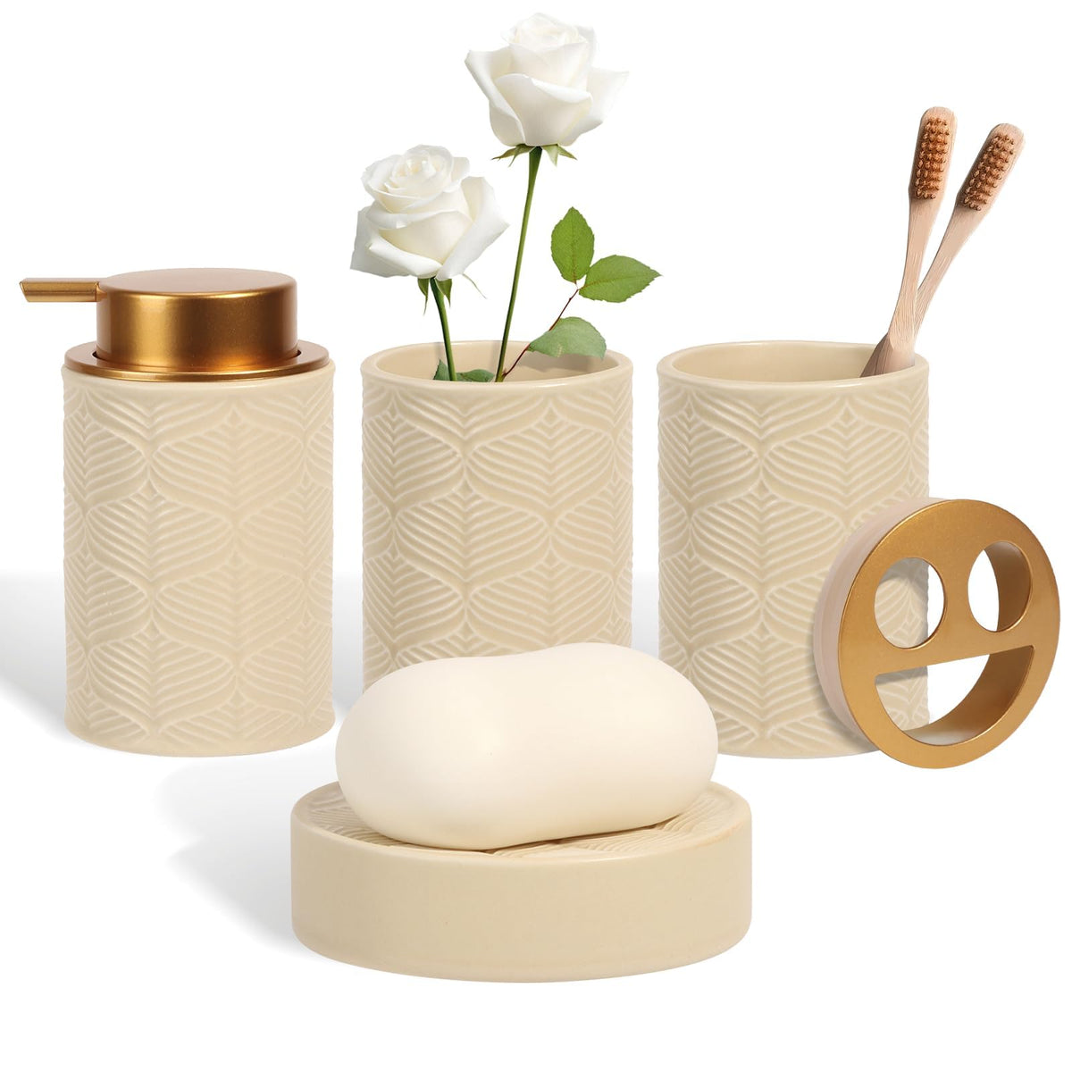 Kukikan beige ceramic soap dispenser with rust-proof pump, durable and easy to clean.