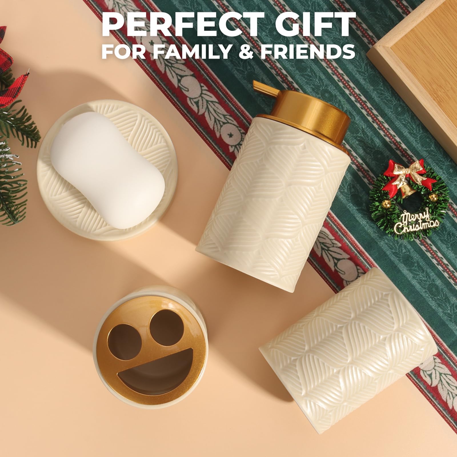 Kukikan beige ceramic bathroom set features a textured design for stylish organization.