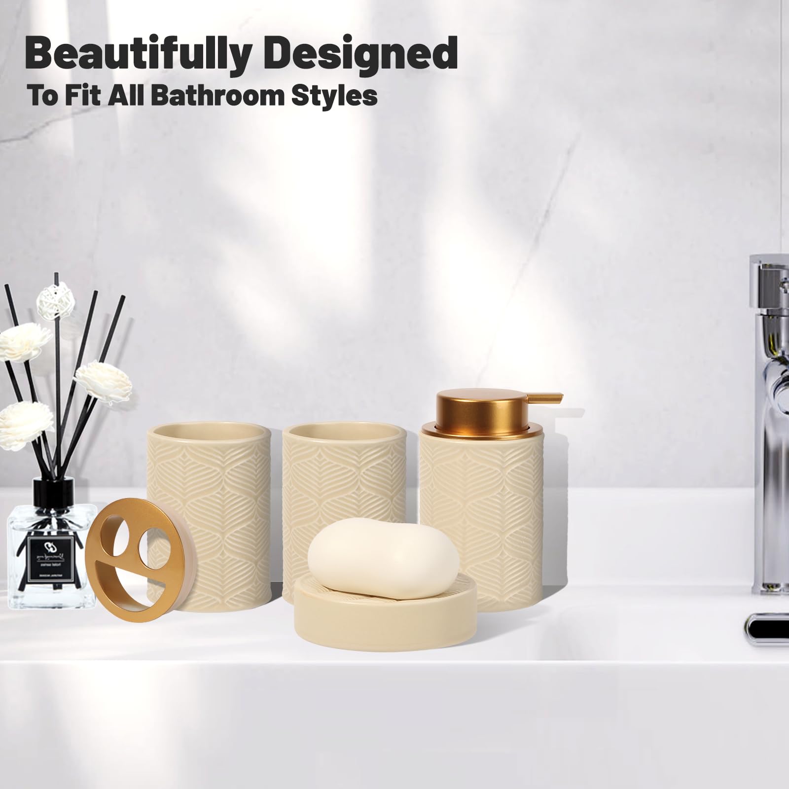 Kukikan beige ceramic toothbrush holder neatly holds brushes and essentials.