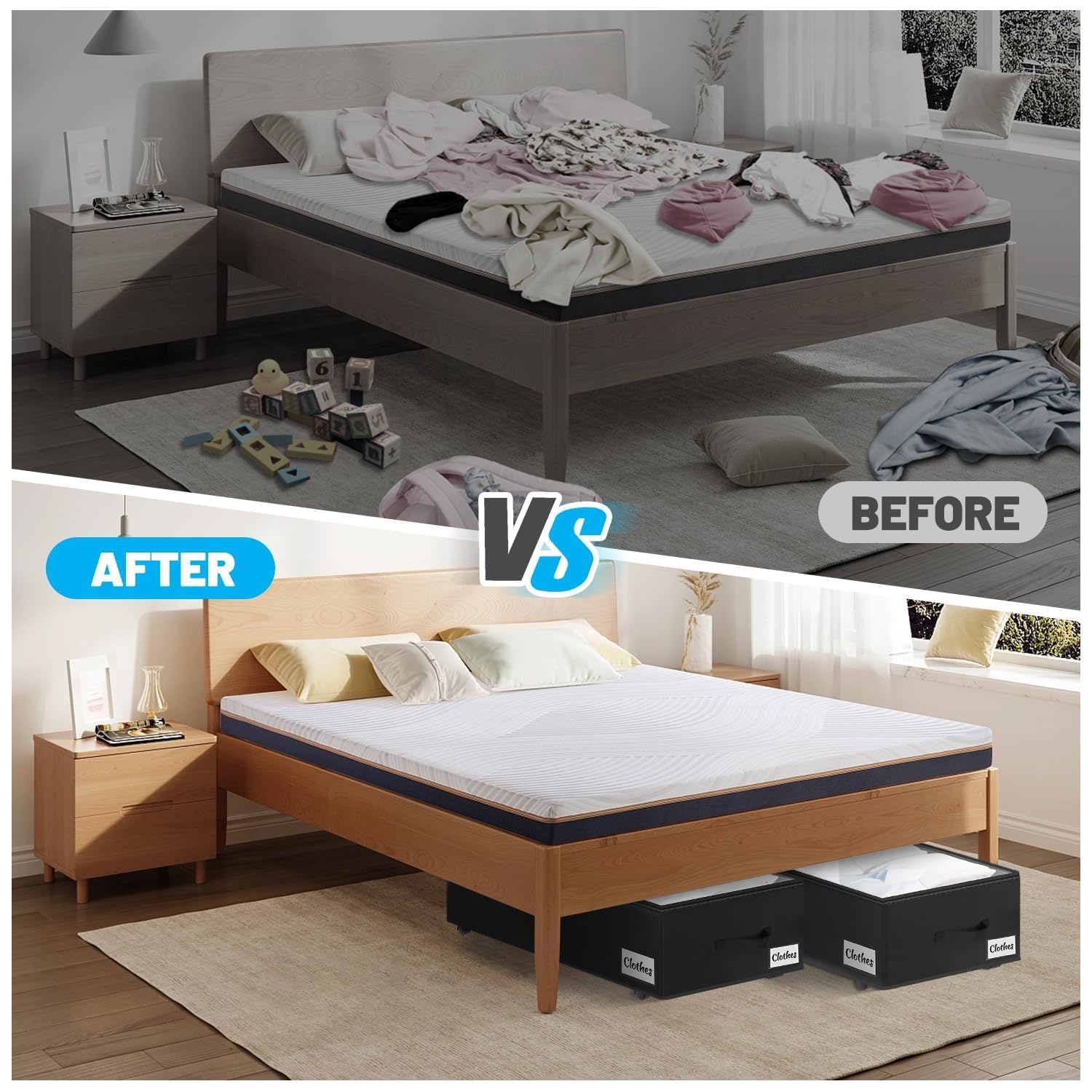 Kukikan dorm-friendly under-bed organizer bin for clothes and shoes.