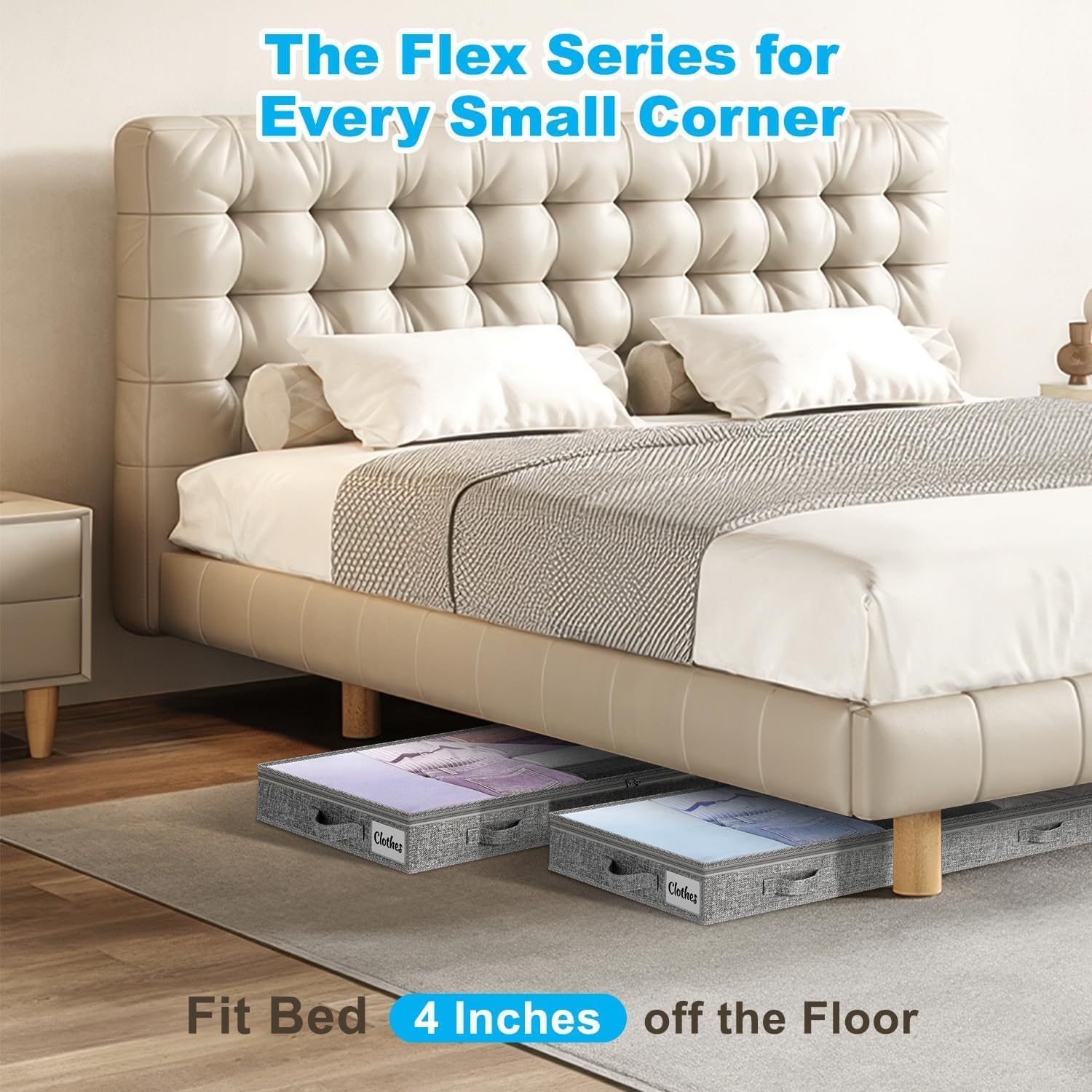 Kukikan Flex Series labeled pocket under-bed bag demonstrates easy access and quick sorting.