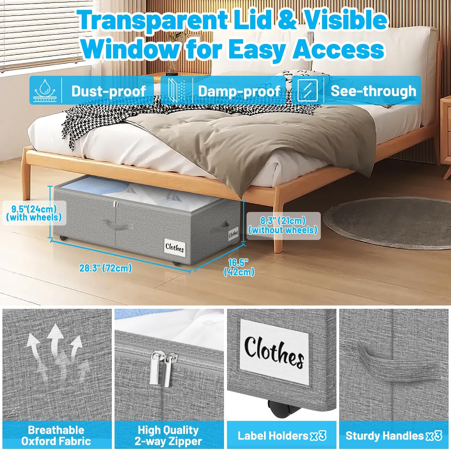 Kukikan label windows on the lid simplify sorting clothes, shoes, and accessories.