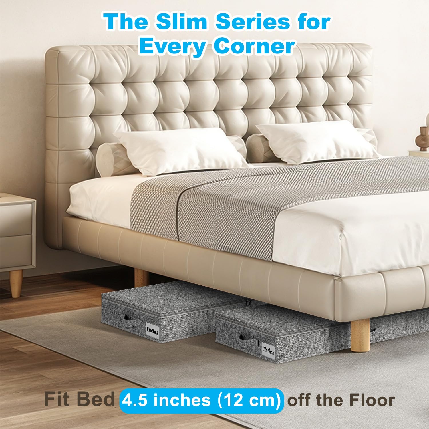 Kukikan slim underbed bin 4.5-inch profile fits dorm-room space.