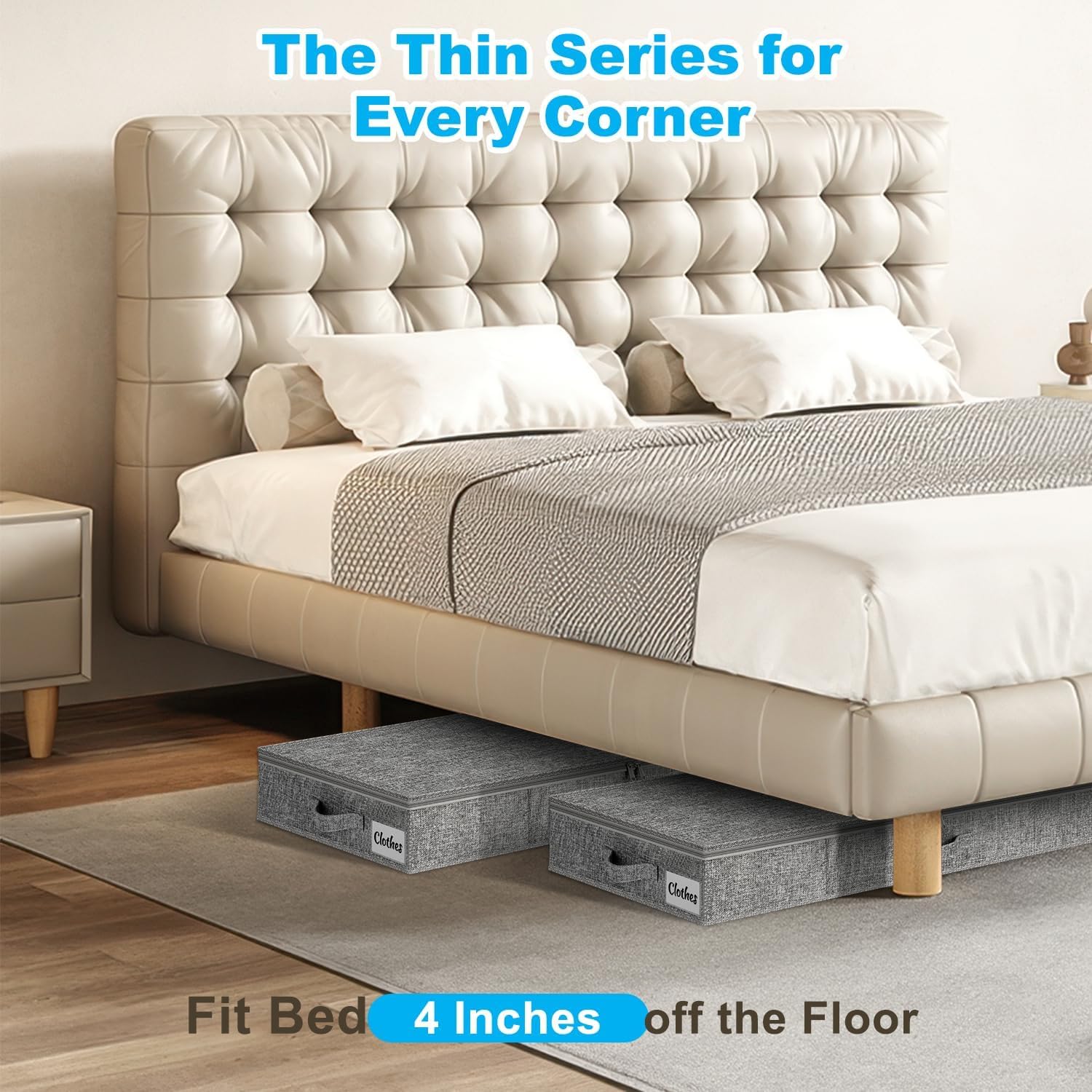 Kukikan under-bed storage featuring 3 handles for easy pulling from tight spaces.