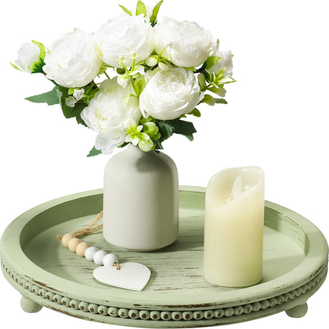 KULEDM sage round tray with beaded edge for elegant coffee table decor
