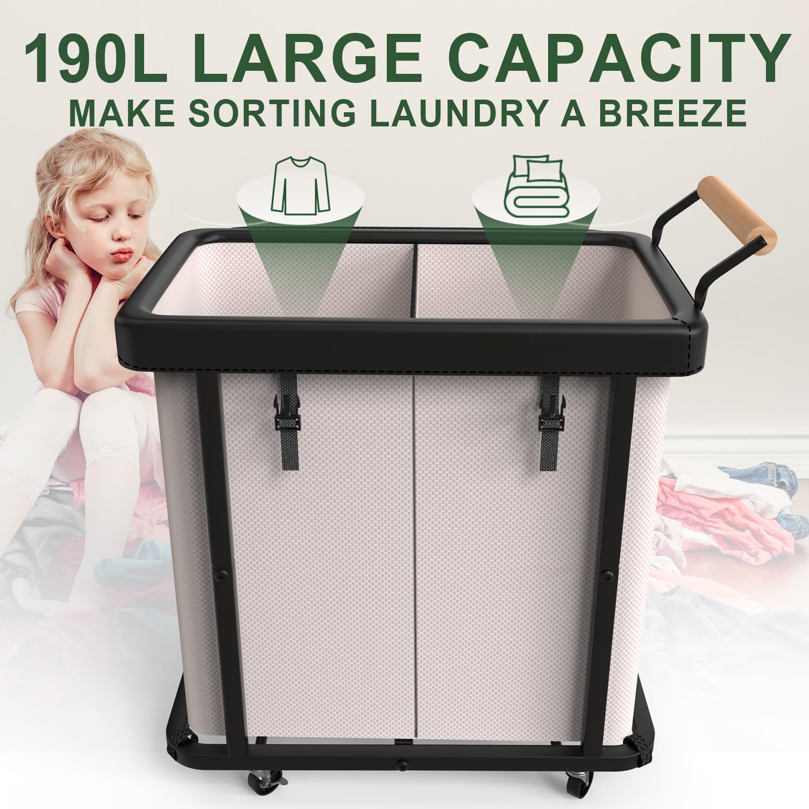 Kunlabori rolling laundry basket with four wheels for easy mobility