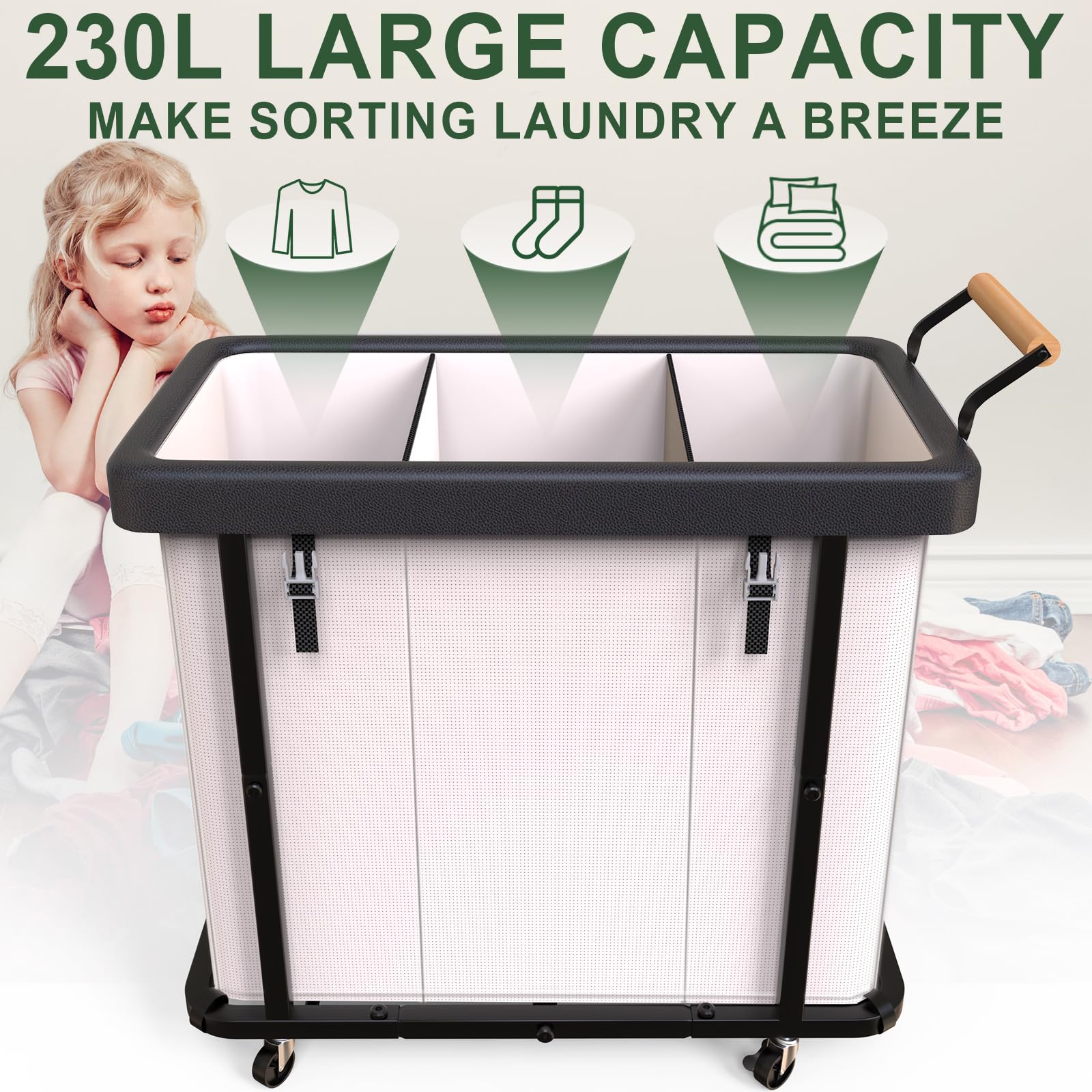 kunlabori rolling laundry basket with wheels and metal frame for easy transport