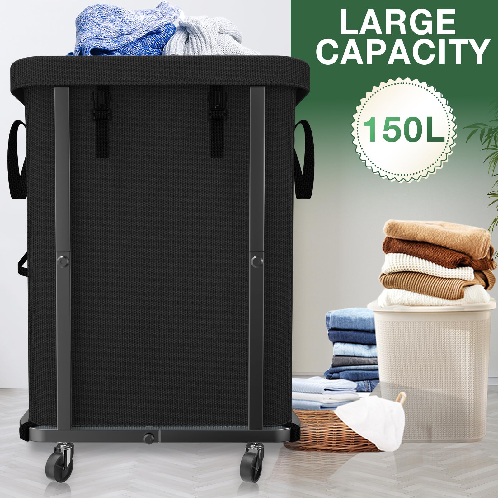 Kunlabori rolling laundry hamper highlighting a robust metal frame and mobility.