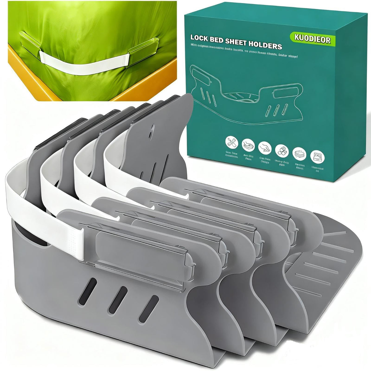 KUODIEOR bed sheet holders with lock straps secure corner for a firm fit