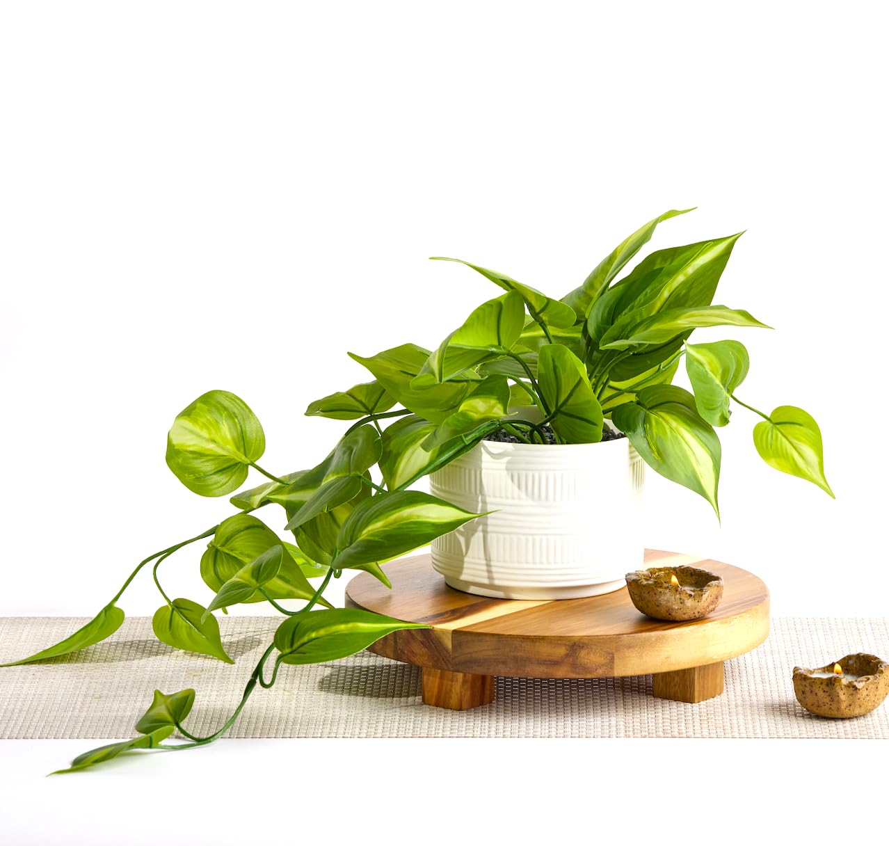 Kurrajong Farmhouse dark green fake pothos on shelf adds lifelike greenery with zero upkeep.