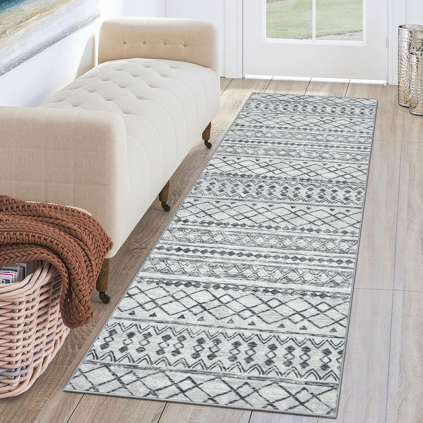 KUTA 2x6 grey Moroccan rug—distressed geometry for cozy hallways.