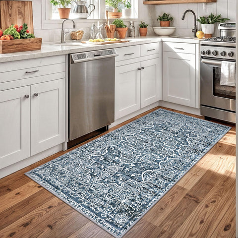 KUTA vintage floral rug in blue and white enhances cozy living spaces.