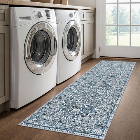 KUTA low-pile floral rug emphasizing durability and easy care